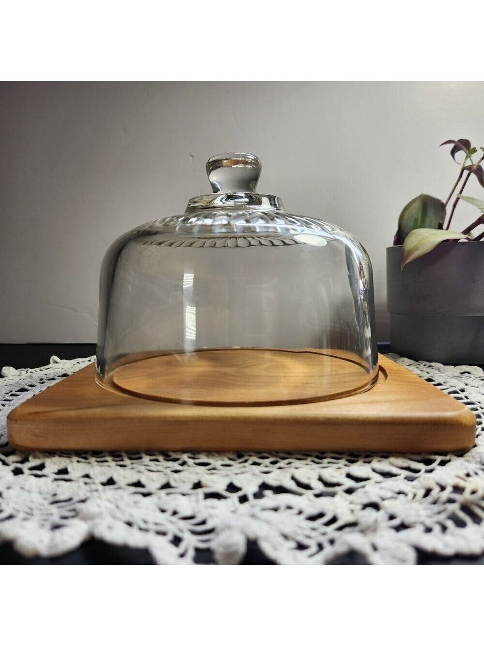 Vintage Brockum Wood Cheese Board 7.75” & French Glass Dome 6.25” Cloche